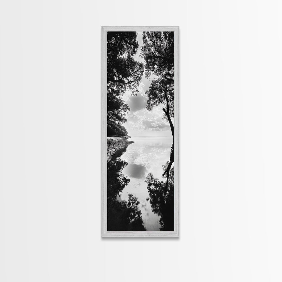 Misty Lake, Nature Reflection, Tranquil Waters, Monochrome Trees, Framed Canvas Print, Minimalist Wall Art, Bathroom or Hallway Decor