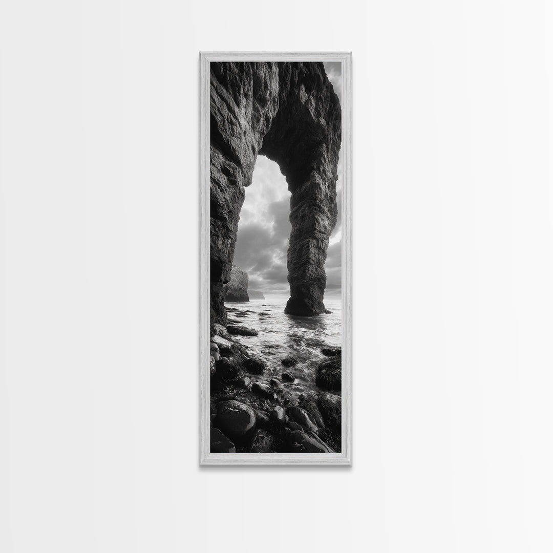 Sea Arch, Coastal Rocks, Ocean Waves, Dramatic Sky, Framed Canvas Print, Coastal Wall Art, Minimalist Beach House Decor, Bedroom Artwork