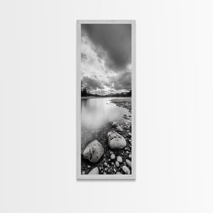 Rocky River, Serene Stream, Nature Calm, Monochrome Landscape, Framed Canvas Print Rustic Wall Decor, Modern Bathroom Art, Minimalist Style