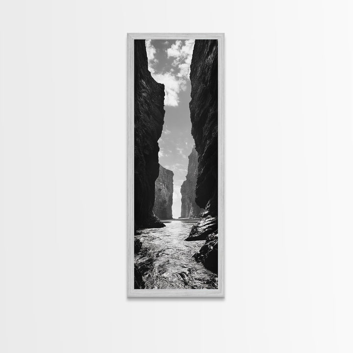 Coastal Canyon, Ocean Passage, Black White Art, Vertical Nature Scene, Framed Canvas Print Entryway Wall Art, Landscape Minimalist Decor