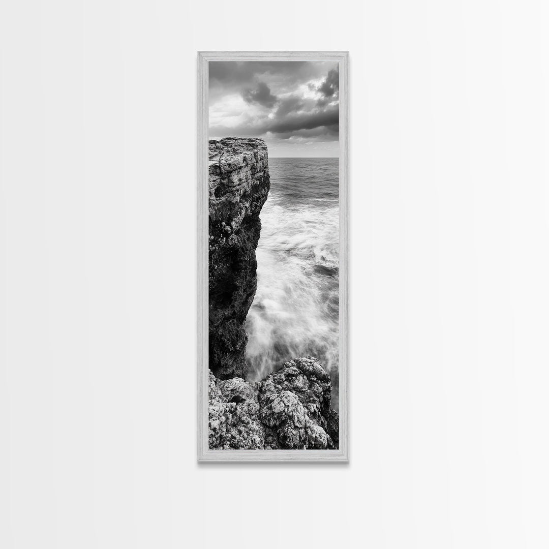Cliffside Ocean, Storm Waves, Dramatic Coast, Monochrome Rocks, Framed Canvas Print Bathroom Wall Art, Minimalist Nautical Style, Coastal Decor