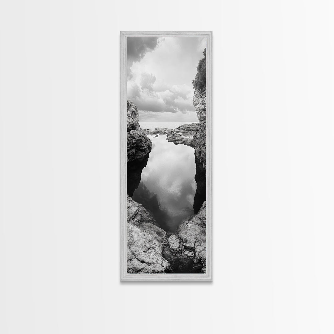 Tide Pool, Coastal Reflection, Tranquil Cove, Cloudy Sky, Framed Canvas Print Zen Bathroom Art, Minimalist Nature Wall Decor, Neutral Modern Style