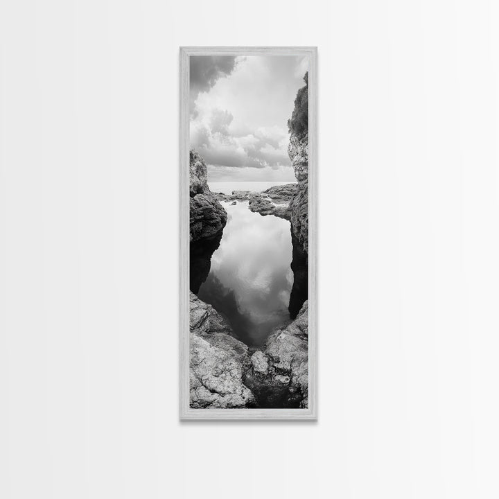 Tide Pool, Coastal Reflection, Tranquil Cove, Cloudy Sky, Framed Canvas Print Zen Bathroom Art, Minimalist Nature Wall Decor, Neutral Modern Style