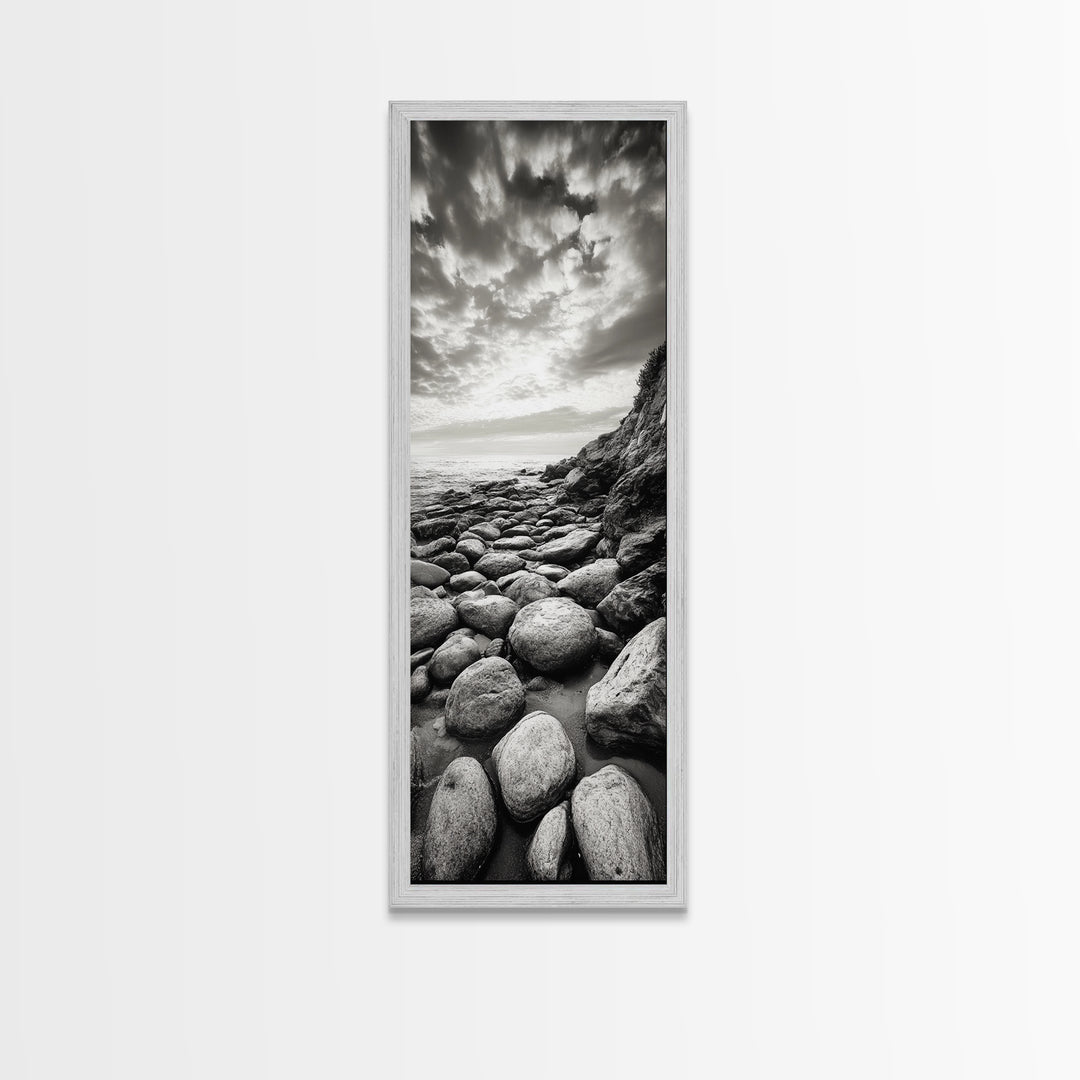 Coastal Stones, Rocky Shore, Sunrise Ocean, Black White Print, Framed Canvas Print Beach House Decor, Entryway Art, Nautical Minimalist Wall Art