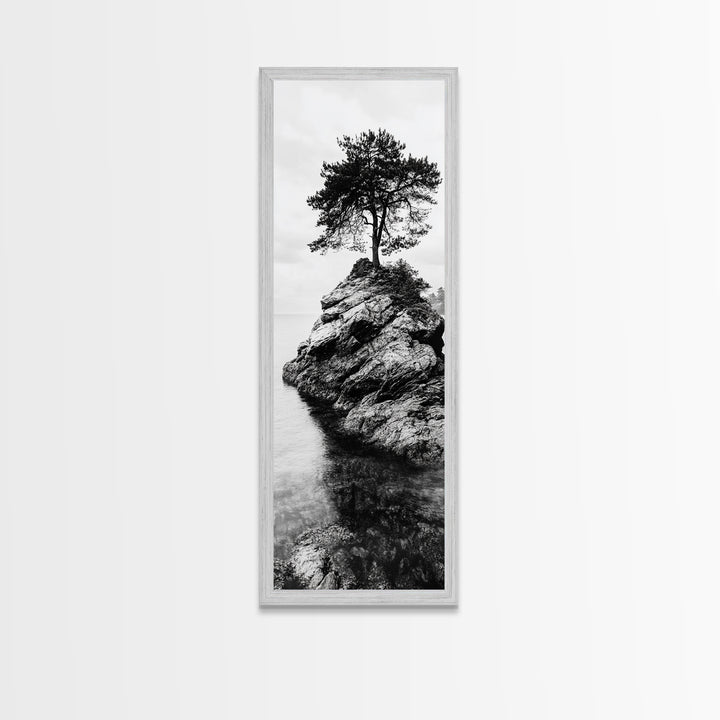 Lone Tree, Rock Island, Tranquil Coast, Nature Strength, Framed Canvas Print Cabin Wall Art, Minimalist Tree Print, Nordic Nature Living Room Decor
