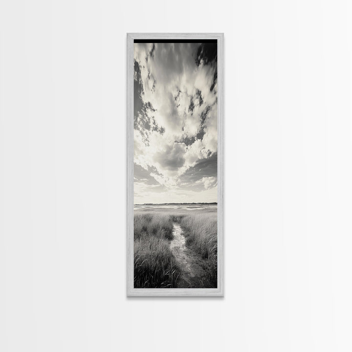 Marshland Pathway, Coastal Grassland Art, Nature Wall Decor, Calm Landscape Style, Framed Canvas Print, Neutral Tones Minimalist