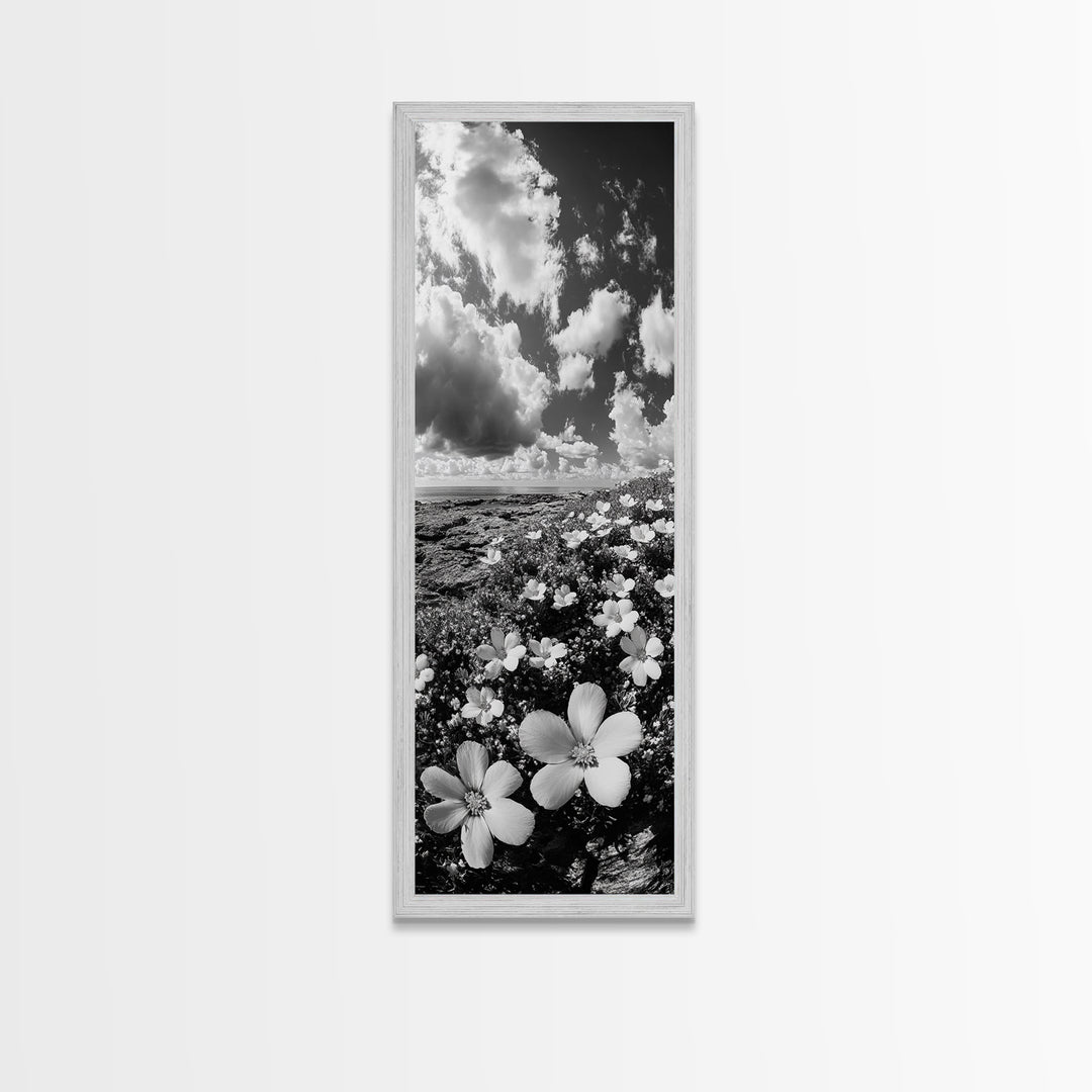 Ocean Flowers Art, Coastal Wildflower Print, Nature Boho Aesthetic, Beach House Wall Style, Framed Canvas Print, Moody Seaside Decor