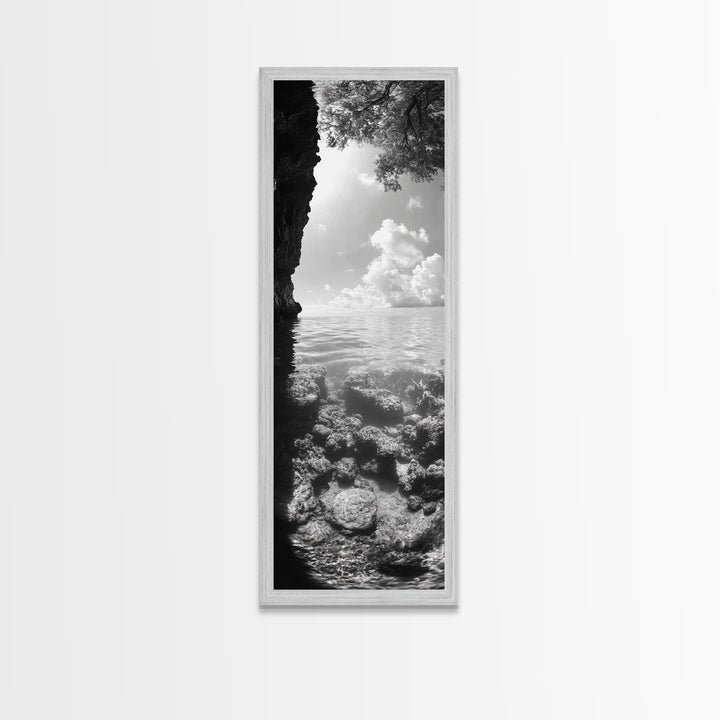 Ocean Cave View, Coastal Water Art, Dreamy Nature Escape Print, Bathroom or Bedroom Decor, Framed Canvas Print, Tranquil Seascape
