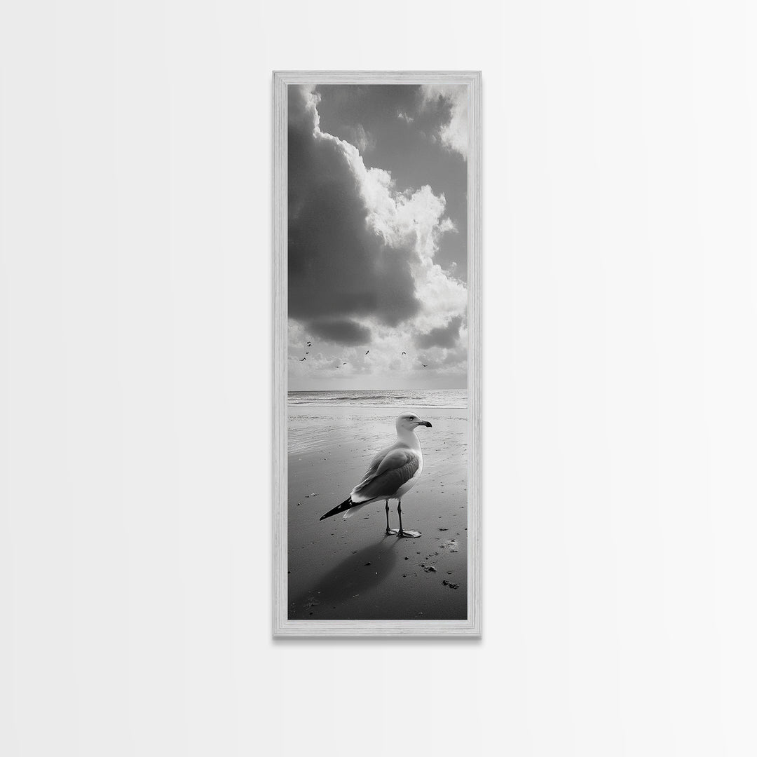 Seagull, Ocean Breeze, Beach Minimalism, Tranquil Shoreline, Seagull Photo Art, Coastal Framed Canvas Print, Bathroom Wall Decor