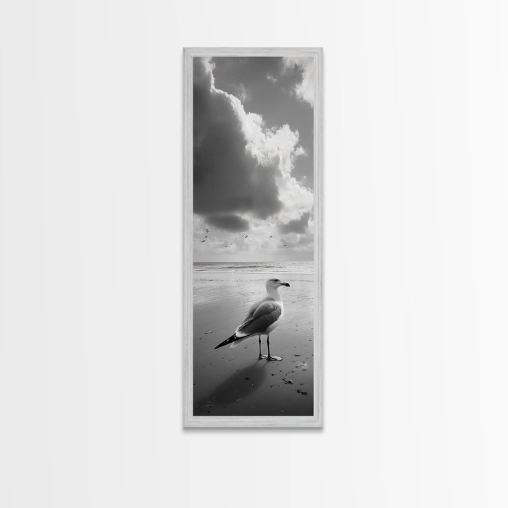 Seagull, Ocean Breeze, Beach Minimalism, Tranquil Shoreline, Seagull Photo Art, Coastal Framed Canvas Print, Bathroom Wall Decor