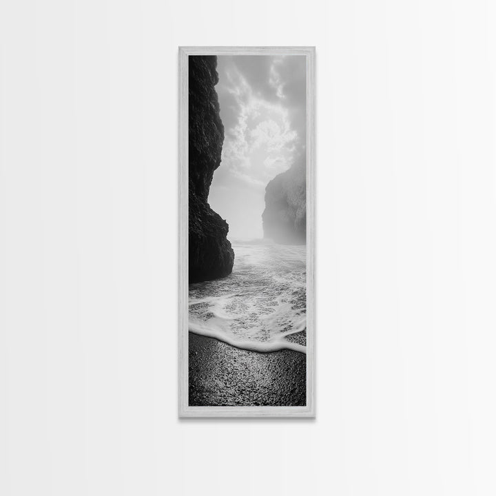 Coastal Rocks, Ocean Mist, Dreamy Seascape, Monochrome Coastline, Nature Photography Canvas Print, Moody Living Room Wall Art