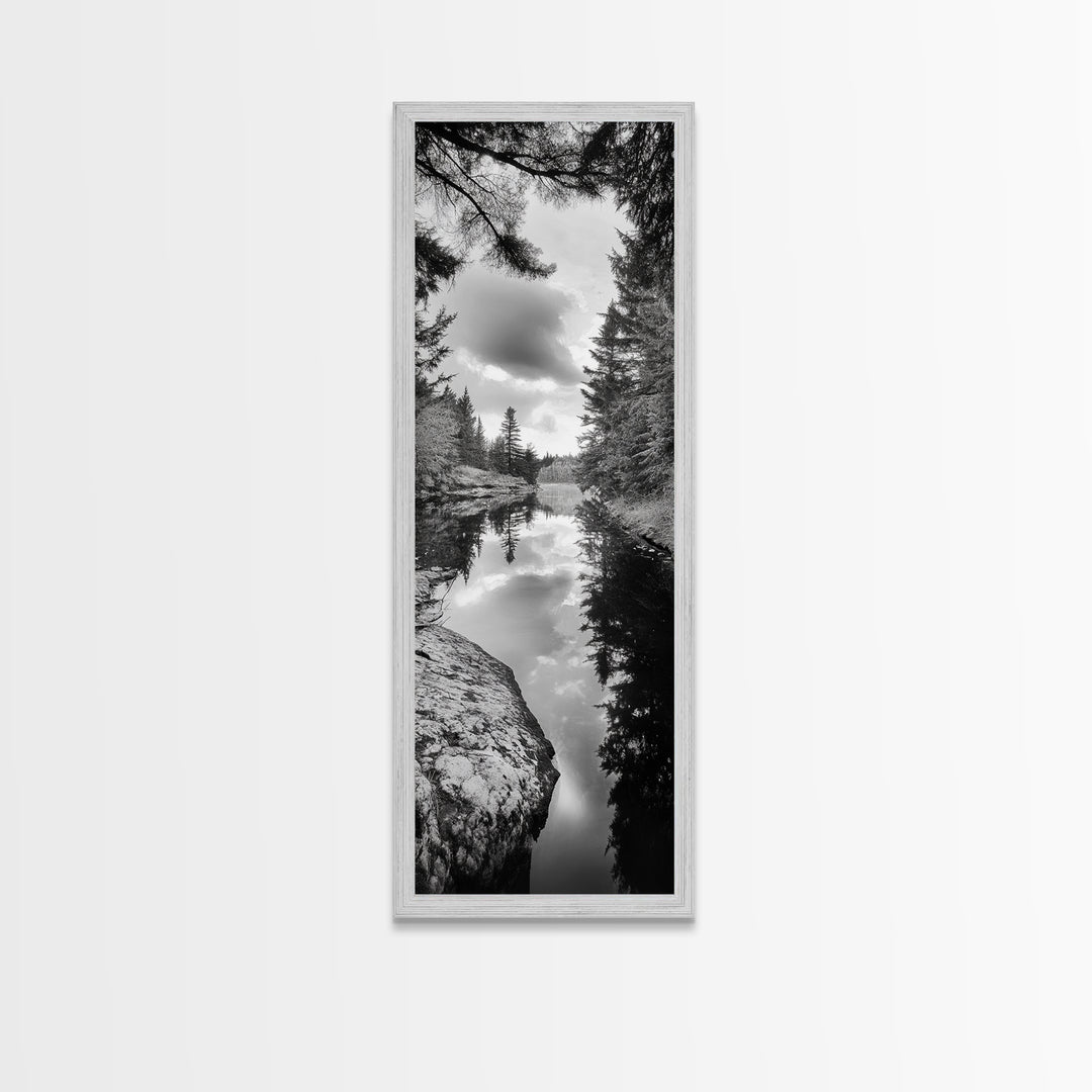 Forest Reflection, Lake Stillness, Tranquil Pines, Nature Calm, Black and White Canvas Print, Bedroom Wall Art, Cabin Vibes