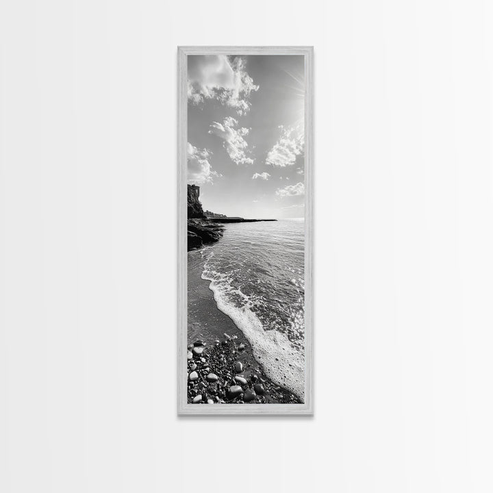 Coastal Shoreline, Pebble Beach, Ocean Breeze, Canvas Print, Bathroom Wall Art, Minimalist Decor, Black White Photography, Seaside Vibe
