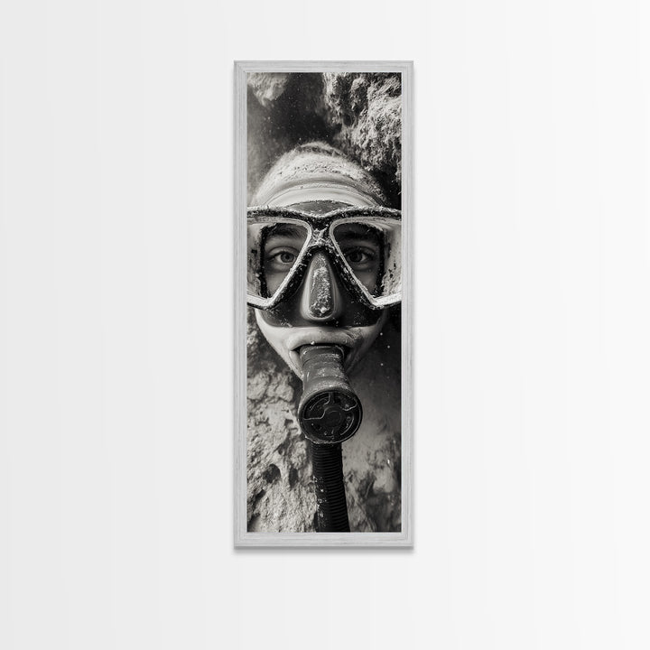 Diver Portrait, Underwater View, Close-Up Eyes, Canvas Print, Adventure Wall Art, Scuba Diving Decor, Unique Bathroom Art, Monochrome Style