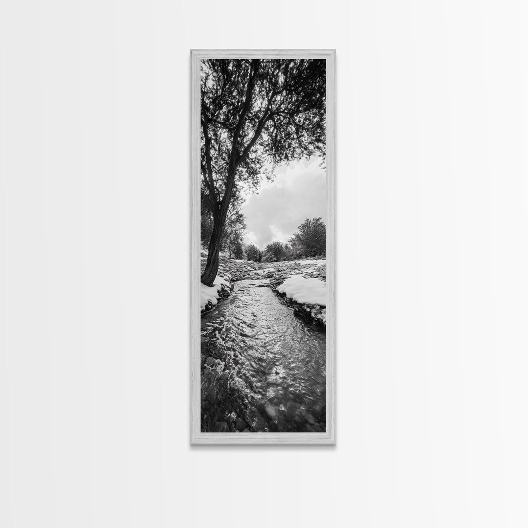 Peaceful Creek, Snow Trees, Winter Flow, Framed Canvas Print, Rustic Nature Art, Farmhouse Wall Decor, Serene Entryway Accent, Bedroom Decor
