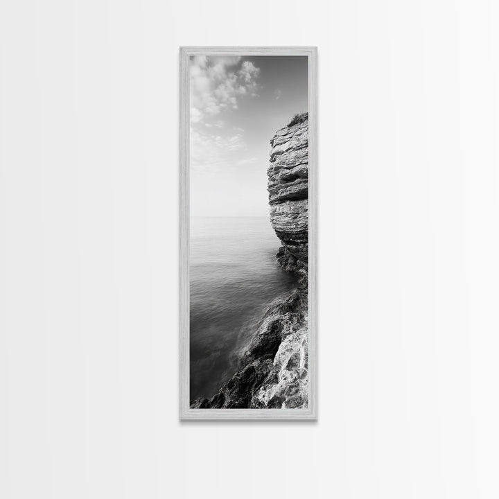Cliffside Calm, Ocean View, Rock Texture, Seaside Stillness Framed Canvas Print, Modern Office Wall Art, Coastal Minimalist Decor