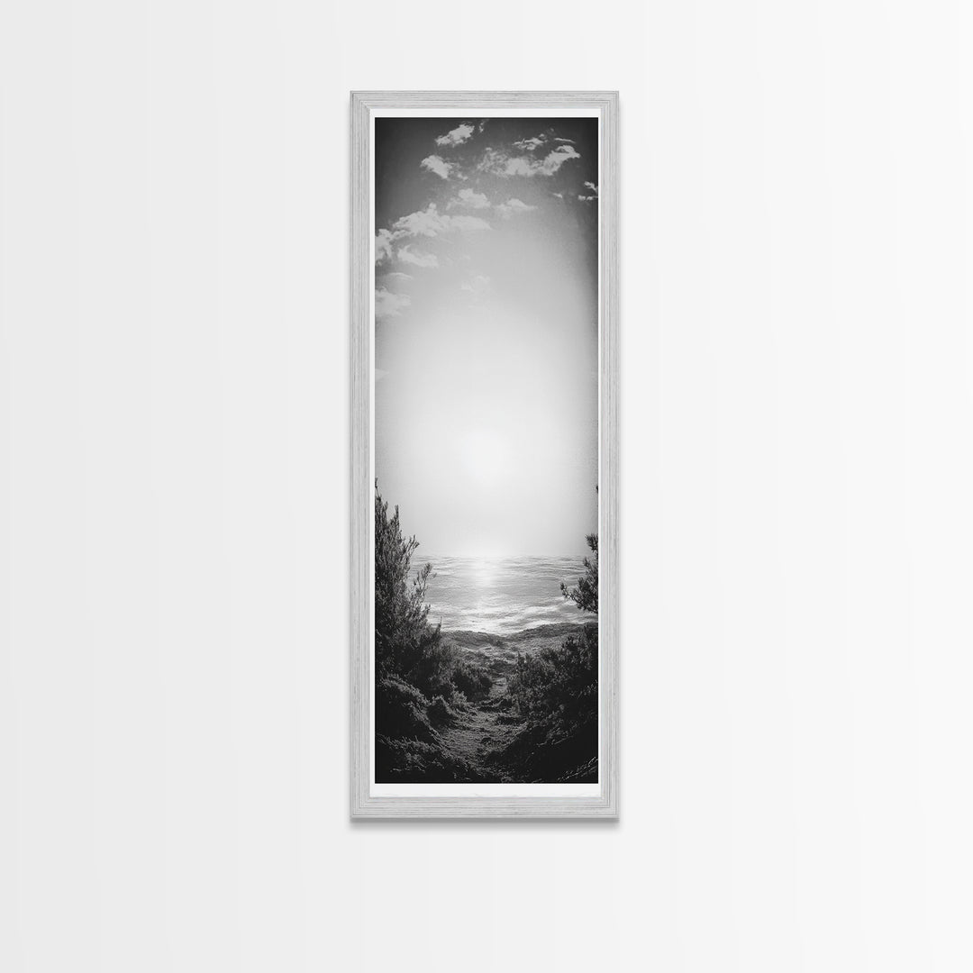Horizon Glow, Ocean Sunset, Seaside Path, Tranquil Evening Framed Canvas Print, Nature Inspired Bedroom Wall Art, Zen Minimalist Decor