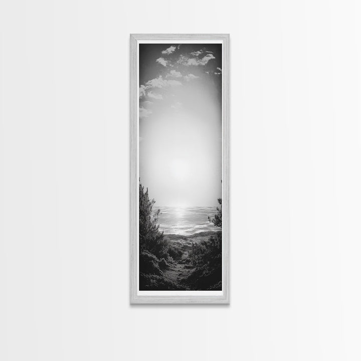 Horizon Glow, Ocean Sunset, Seaside Path, Tranquil Evening Framed Canvas Print, Nature Inspired Bedroom Wall Art, Zen Minimalist Decor