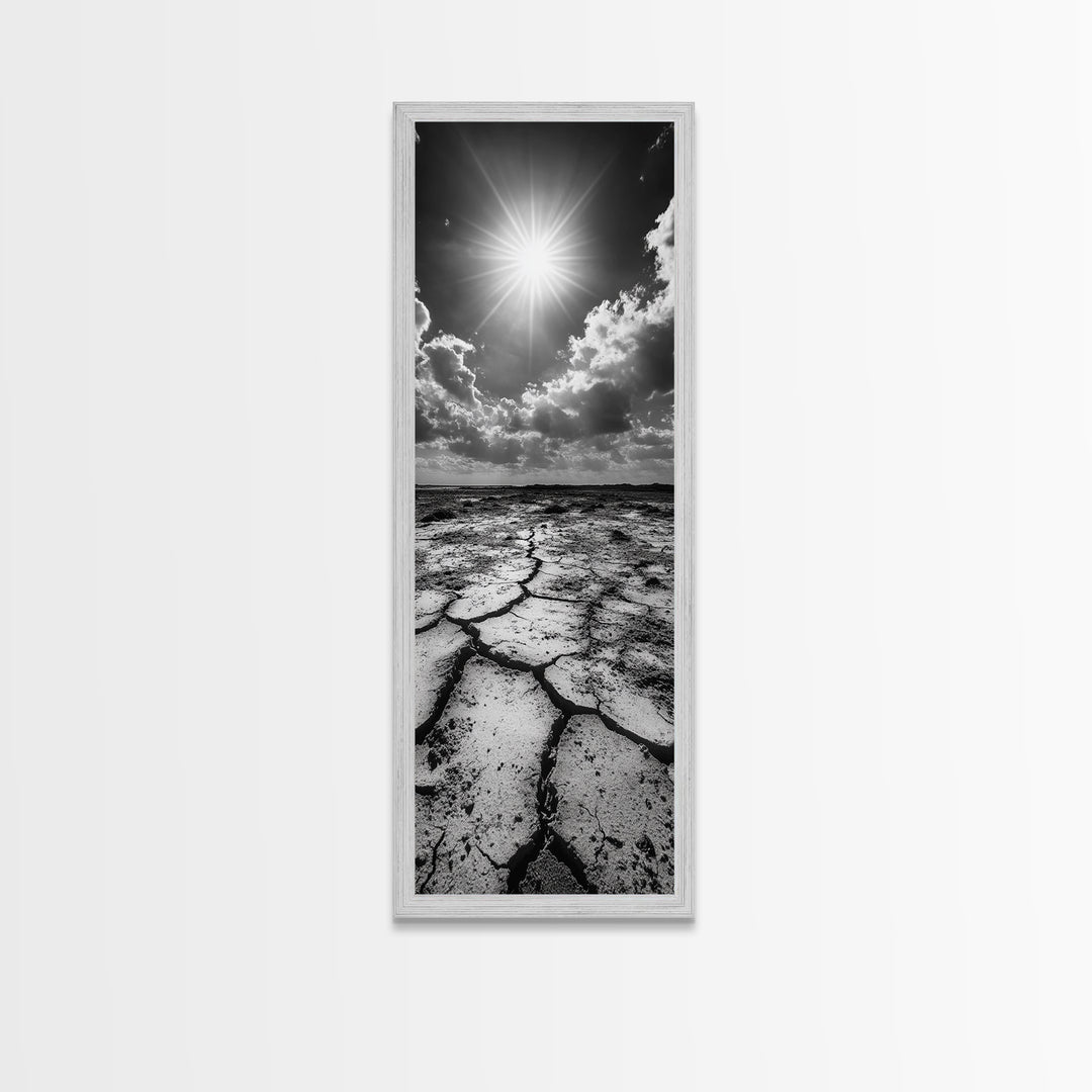 Cracked Earth, Sunburst Sky, Natural Texture, Desert Landscape, Framed Canvas Print, Rustic Decor, Earth Tone Art, Office Wall Art