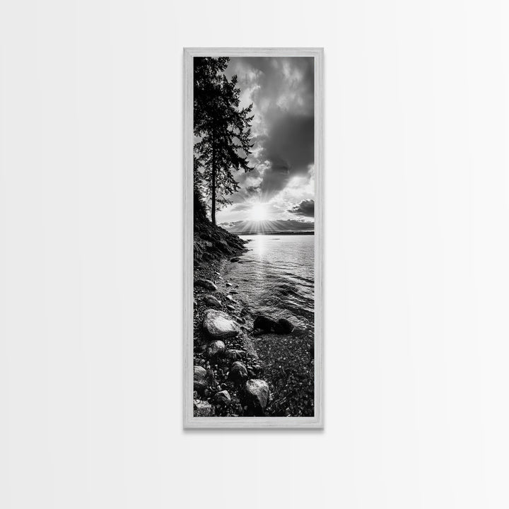 Tree Shoreline, Tranquil Water, Sunset Reflection, Peaceful Horizon, Framed Canvas Print, Nature Photography, Cabin Wall Art