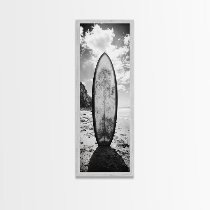 Surfboard Vertical, Sandy Beach, Coastal Rocks, Ocean Horizon, Framed Canvas Print, Surf Art, Dorm Room Decor, Tropical Vibe