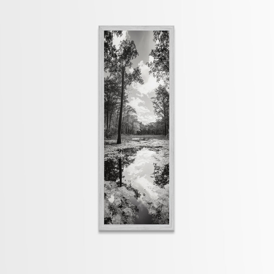Reflective Forest, Nature Calm, Monochrome Trees, Peaceful Swamp, Framed Canvas Print, Rustic Cabin Decor, Moody Wall Art, Entryway Print