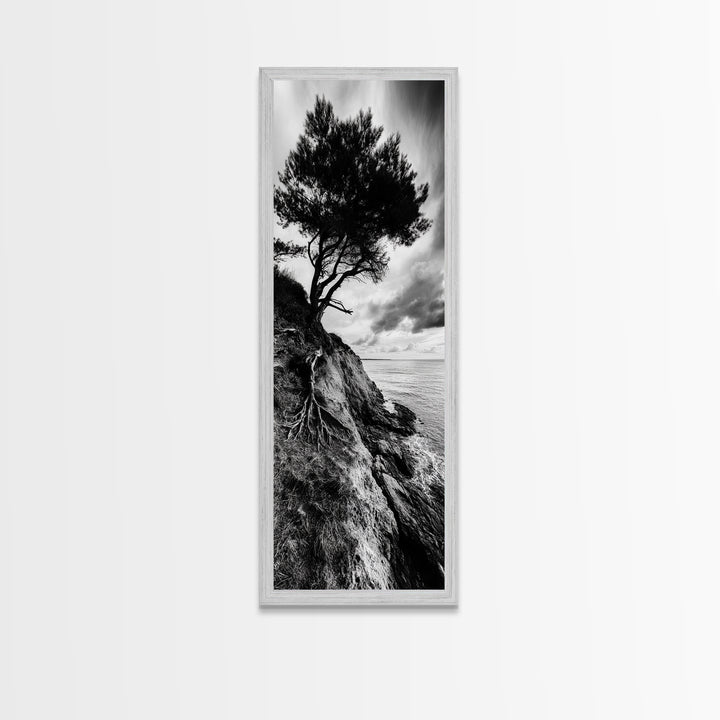 Cliff Tree, Coastal Roots, Dramatic Landscape, Framed Canvas Print, Bold Nature Wall Art, Modern Black And White Decor, Fall Office Accent