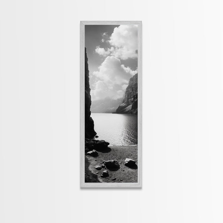 Fjord Mountain Lake, Scenic Nordic Landscape, Tranquil Nature Print, Minimalist Wall Art, Bedroom Decor, Framed Canvas Print