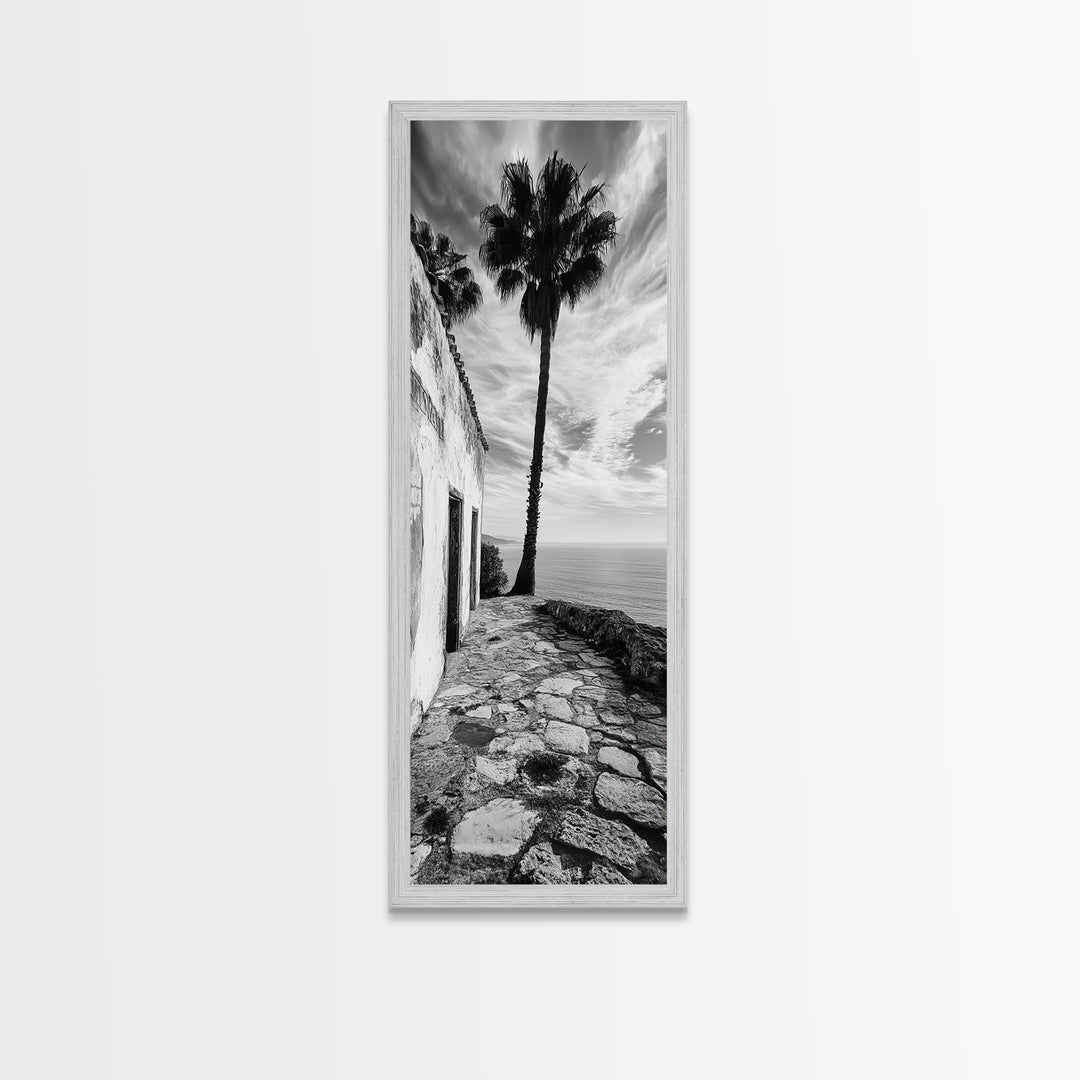 Coastal Palm Tree, Rustic Seaside Wall Art, Mediterranean Courtyard Print, Tropical Summer Decor, Framed Canvas Print, Kitchen Art