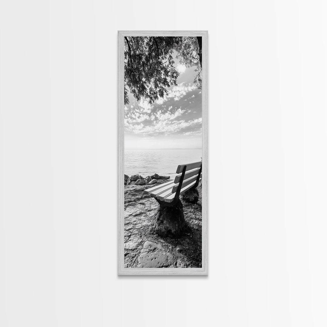 Lakeside Bench View, Peaceful Nature Scene, Tranquil Reflection Print, Minimalist Wall Decor, Zen Office Art, Framed Canvas Print