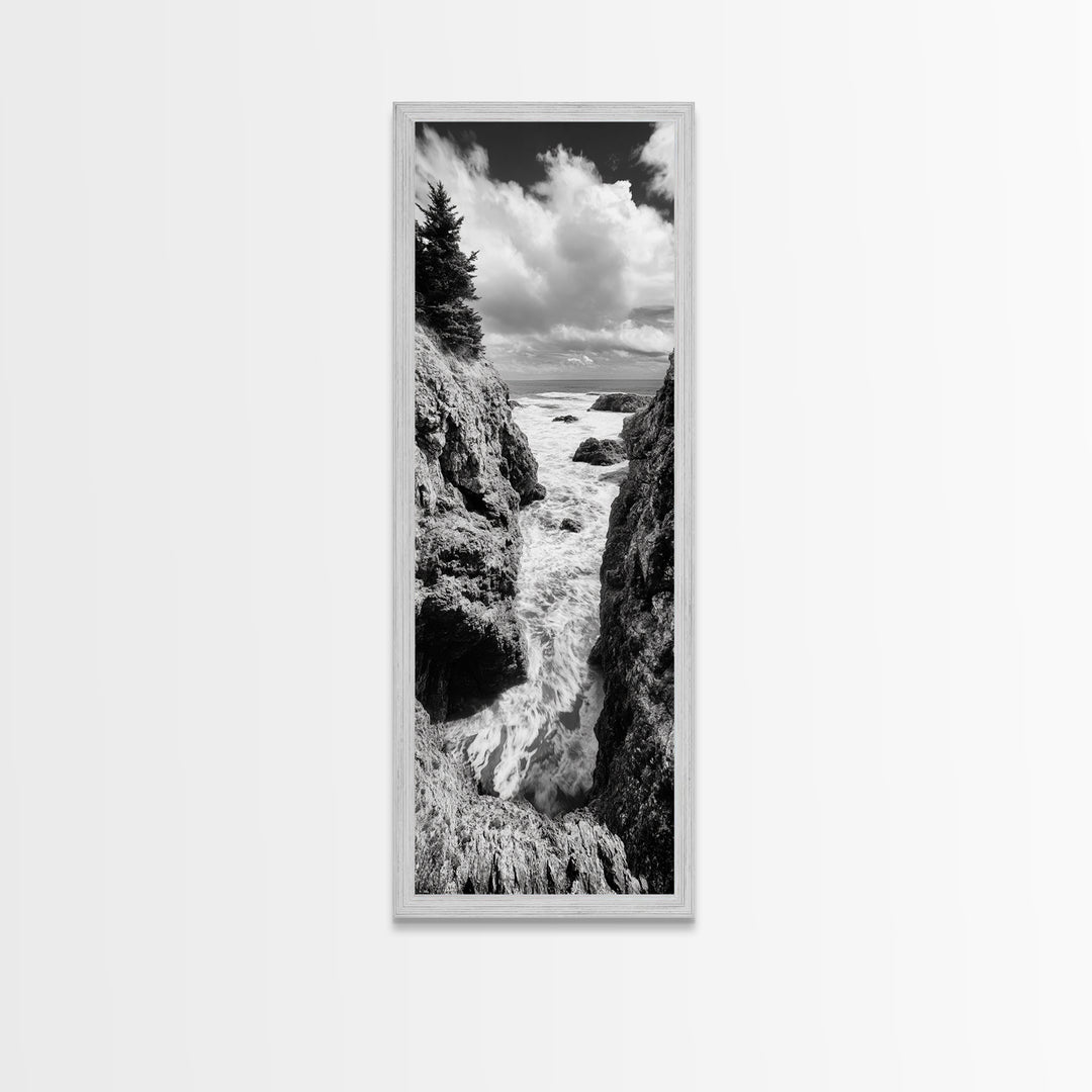 Coastal Cliff Waves, Rugged Seaside Art, Ocean Rock Photography, Bold Nature Wall Decor, Modern Bathroom Accent, Canvas Print