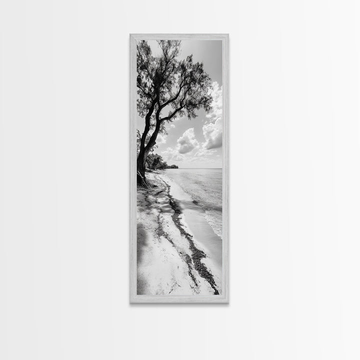 Serene Beach Tree, Calm Ocean Coast, Black White Shoreline, Framed Canvas Print, Coastal Entryway Decor, Minimal Nature Wall Art