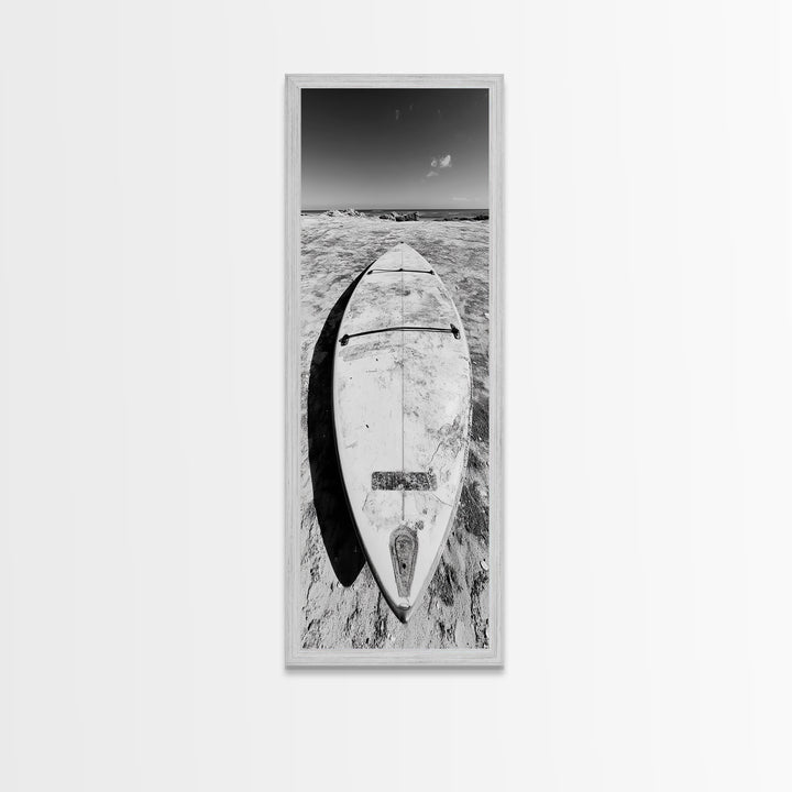 Surfboard On Shore, Beach Lifestyle Decor, Minimal Seascape, Framed Canvas Print, Nautical Bathroom Wall Art, Modern Coastal Vibe