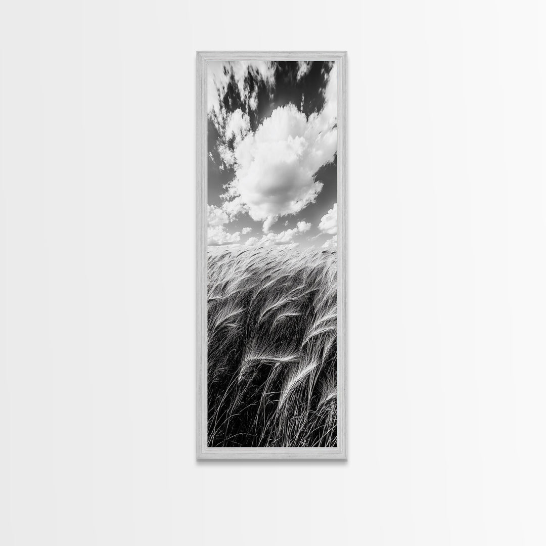 Wheat Field, Cloudy Sky, Rustic Landscape, Black and White Nature, Framed Canvas Print, Farmhouse Kitchen Wall Art, Fall Harvest Vibe