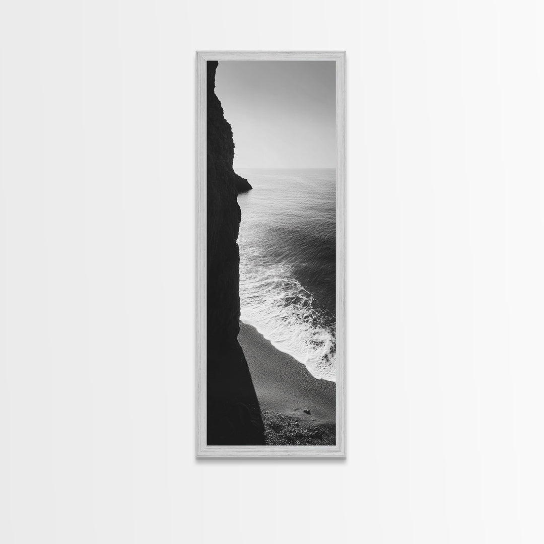 Cliffside Waves, Coastal Edge, Monochrome Serenity, Ocean Drama, Canvas Print, Moody Minimalist Art, Bathroom Art, Living Room Decor