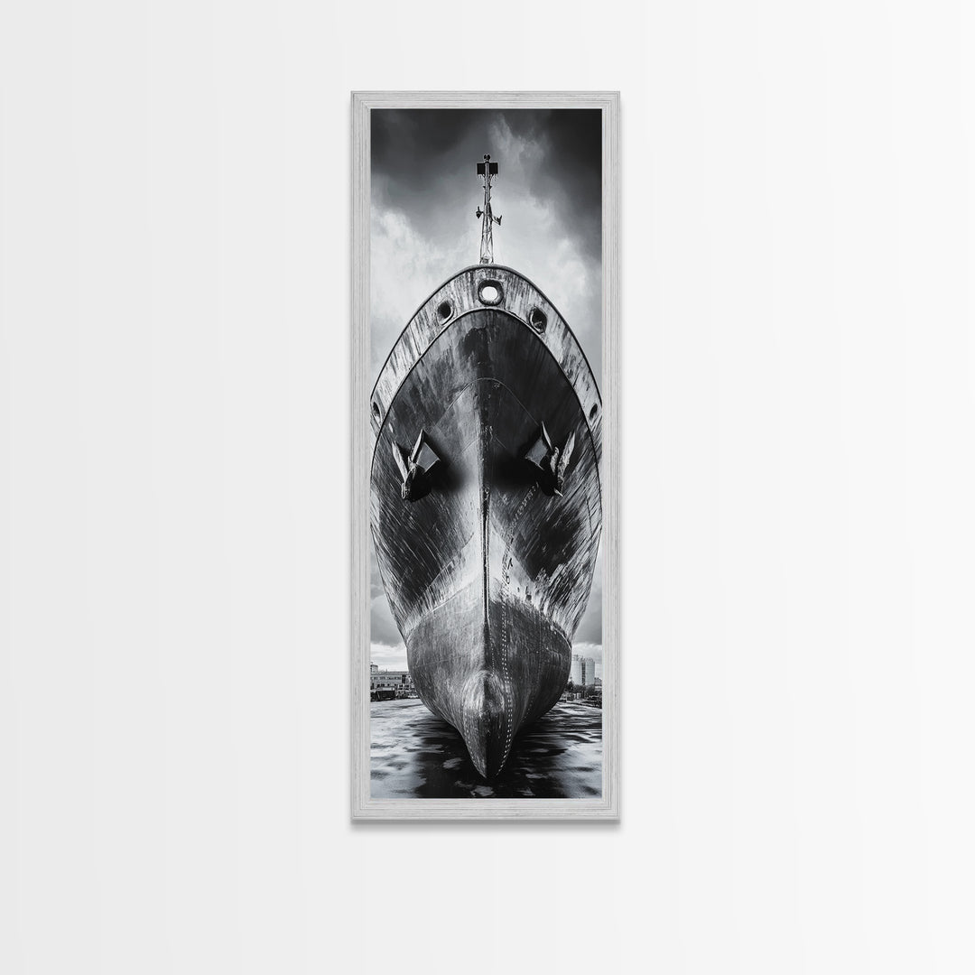 Industrial Ship, Black and White Boat, Urban Seascape, Moody Harbor, Canvas Print, Nautical Wall Art, Man Cave Art, Office Decor
