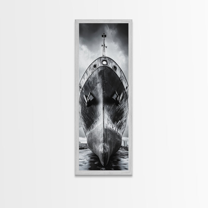 Industrial Ship, Black and White Boat, Urban Seascape, Moody Harbor, Canvas Print, Nautical Wall Art, Man Cave Art, Office Decor