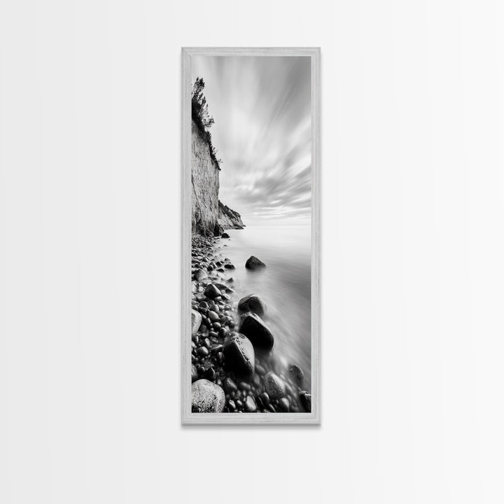 Rocky Shoreline, Coastal Calm, Seaside Mist, Canvas Print, Black White Minimalist Wall Art, Serene Bedroom or Bathroom Decor