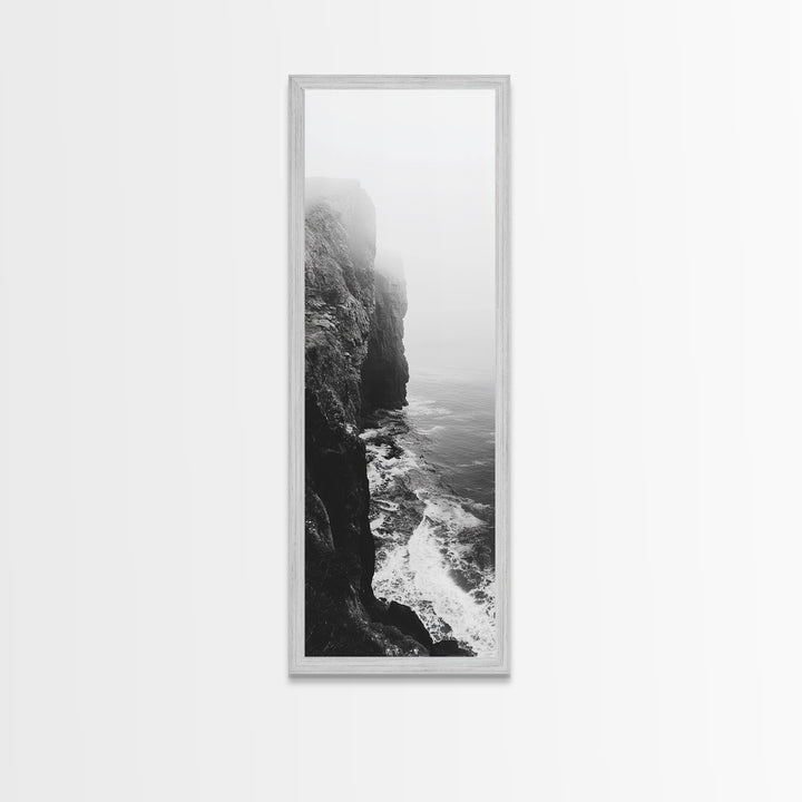 Foggy Cliffs, Moody Coast, Dramatic Seascape, Framed Canvas Print, Modern Dark Aesthetic Art, Minimalist Living Room Wall Decor