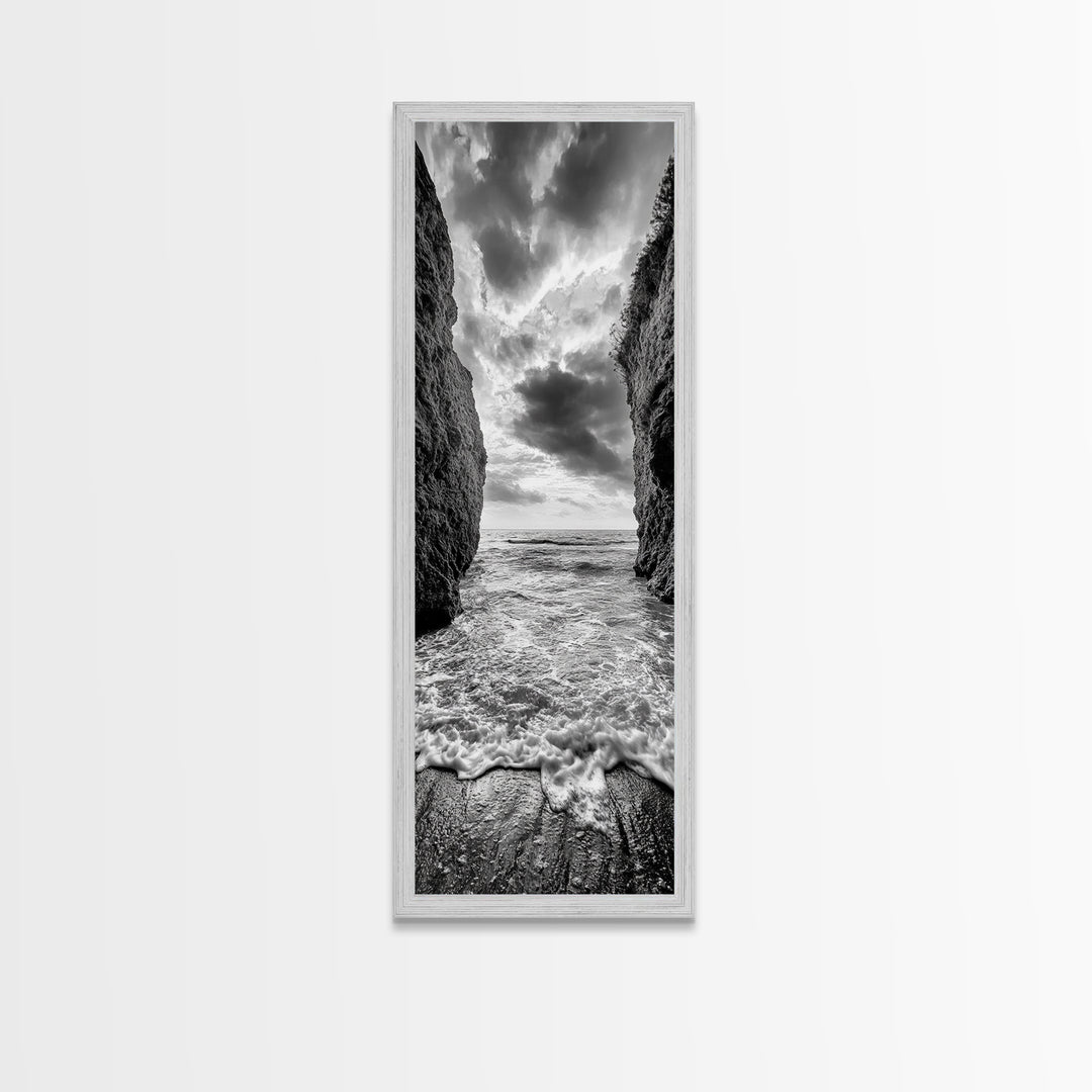 Ocean Gap, Cliffside Horizon, Black White Waves, Framed Canvas Print, Modern Coastal Wall Art, Nautical Living Room Decor,  Nature Decor
