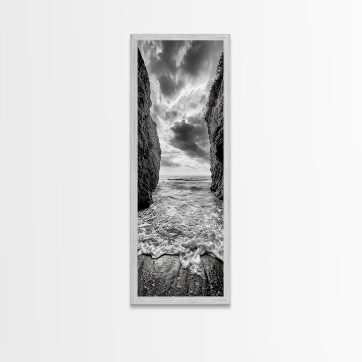 Ocean Gap, Cliffside Horizon, Black White Waves, Framed Canvas Print, Modern Coastal Wall Art, Nautical Living Room Decor,  Nature Decor