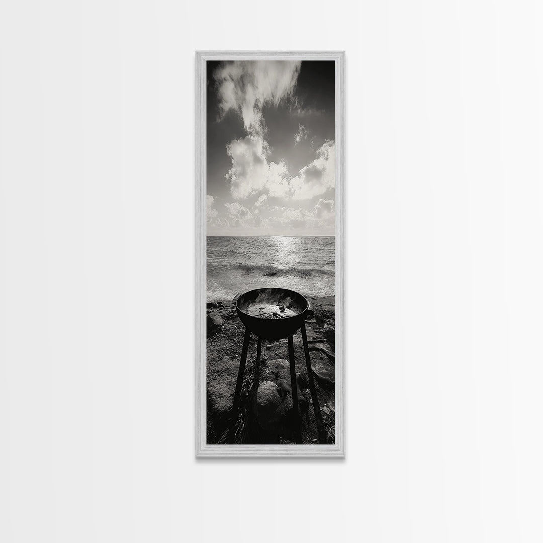 Smoky Grill, Seaside BBQ, Coastal Cooking, Framed Canvas Print, Rustic Outdoor Kitchen Art, Summer Vibes Wall Decor, Moody Beach Scene