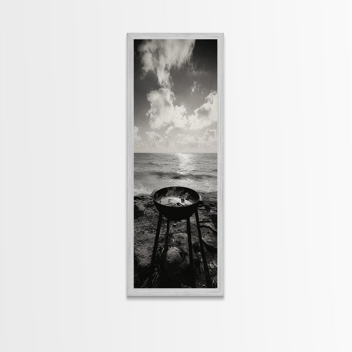 Smoky Grill, Seaside BBQ, Coastal Cooking, Framed Canvas Print, Rustic Outdoor Kitchen Art, Summer Vibes Wall Decor, Moody Beach Scene