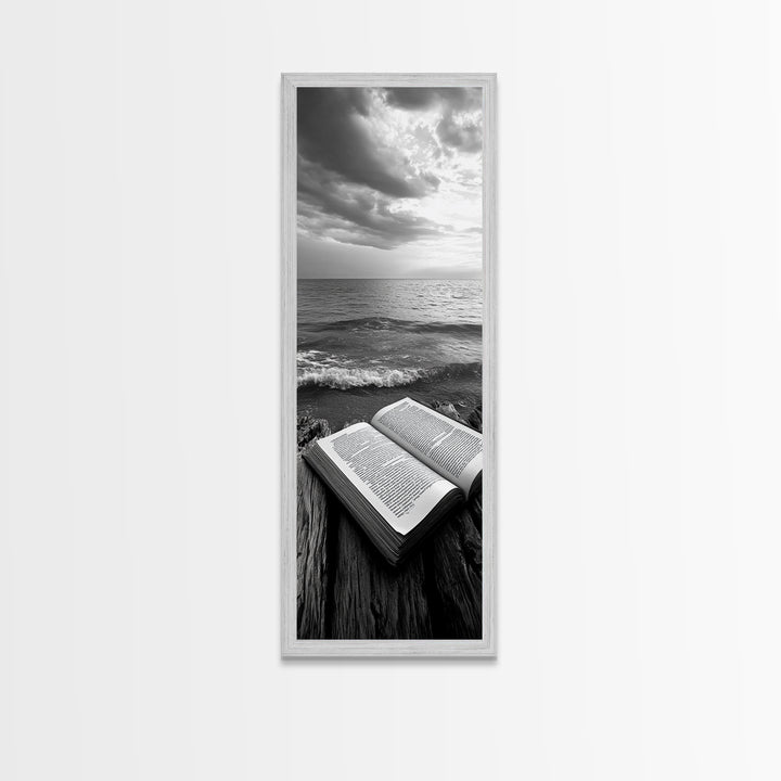 Seaside Book, Ocean Reading, Stormy Sky, Canvas Print, Cozy Beach House Art, Library Decor, Literary Wall Art, Moody Coastal Style