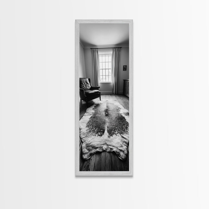 Leather Chair, Cozy Window, Cowhide Rug, Framed Canvas Print, Farmhouse Living Room Decor, Rustic Minimalist Art, Monochrome Interior