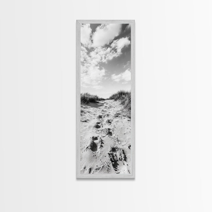 Sandy Trail, Dune Path, Footprints Grass, Canvas Print, Fall Coastal Decor, Boho Entryway Art, Black and White Beach Landscape