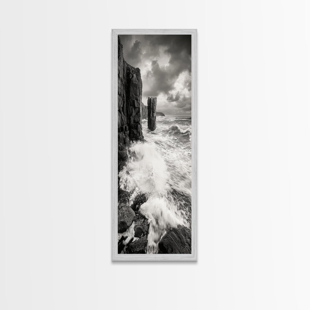 Crashing Surf, Tall Sea Stack, Rugged Coast, Framed Canvas Print, Moody Ocean Wall Art, Bathroom Decor, Black and White Seascape