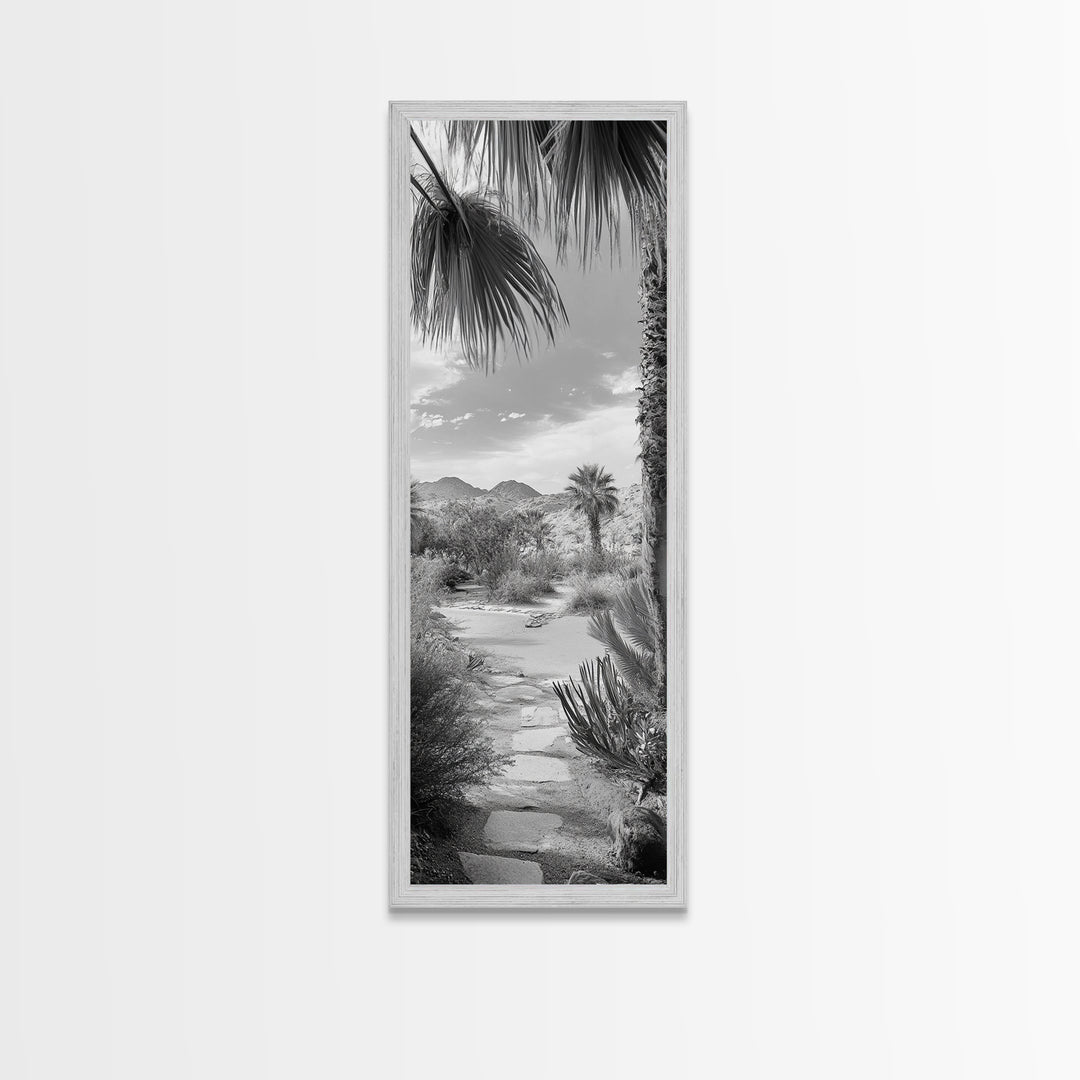 Desert Path, Palm Trees, Serene Escape, Tranquil Garden, Monochrome Landscape, Framed Canvas Print, Entryway Wall Art, Nature Minimal
