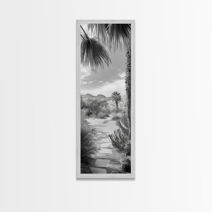 Desert Path, Palm Trees, Serene Escape, Tranquil Garden, Monochrome Landscape, Framed Canvas Print, Entryway Wall Art, Nature Minimal