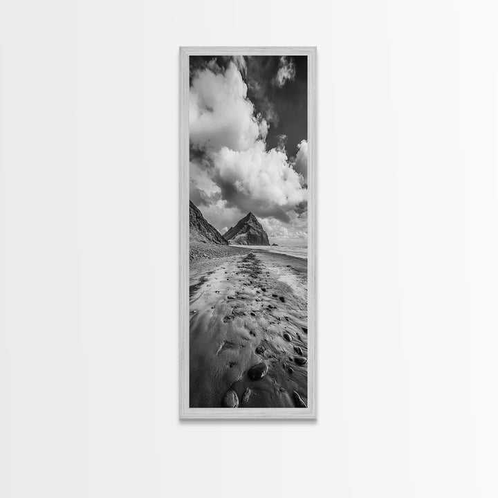 Mountain Beach Path, Cloudy Sky Landscape, Black and White Nature Scene, Framed Canvas Print, Entryway Fall Coastal Wall Decor
